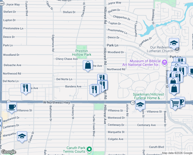 map of restaurants, bars, coffee shops, grocery stores, and more near 6822 Northwood Road in Dallas