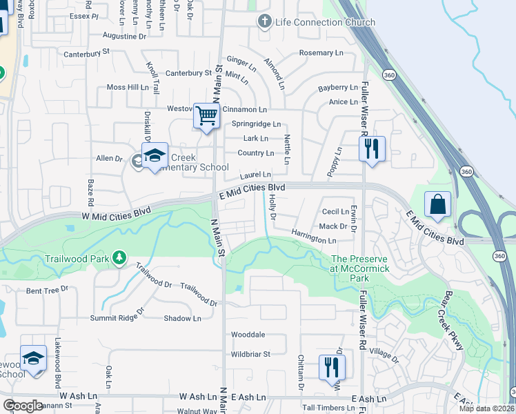 map of restaurants, bars, coffee shops, grocery stores, and more near 2309 Holly Drive in Euless