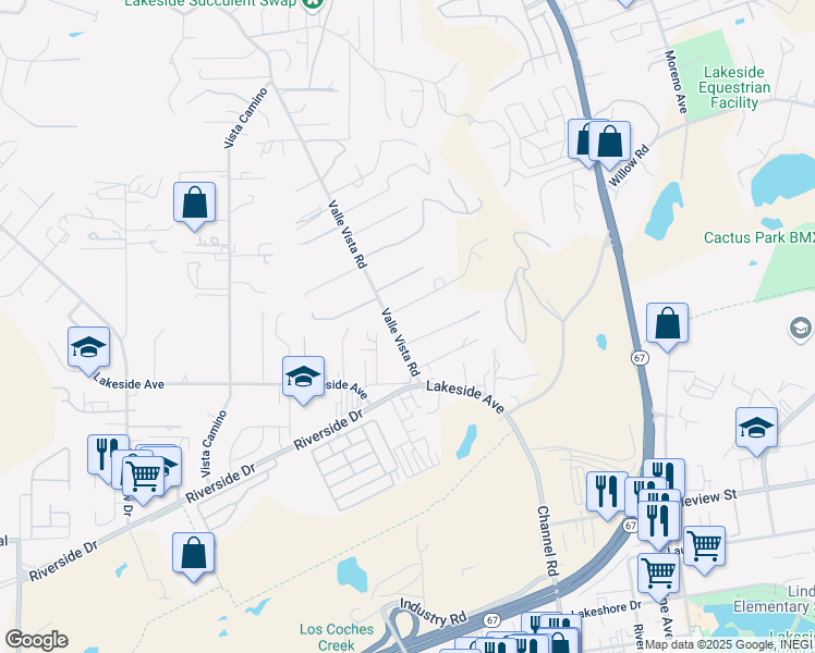map of restaurants, bars, coffee shops, grocery stores, and more near 10505 Valle Vista Road in Lakeside