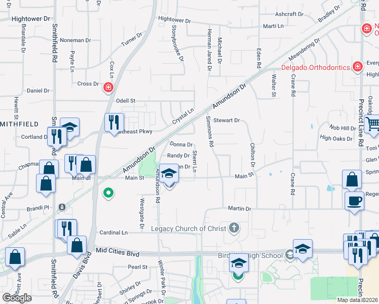 map of restaurants, bars, coffee shops, grocery stores, and more near 8441 Donna Drive in Fort Worth