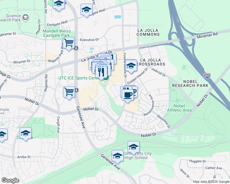 map of restaurants, bars, coffee shops, grocery stores, and more near 8969 Montrose Way in San Diego