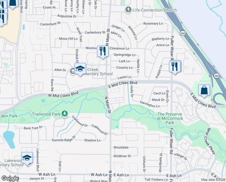 map of restaurants, bars, coffee shops, grocery stores, and more near 2315 Holder Drive in Euless