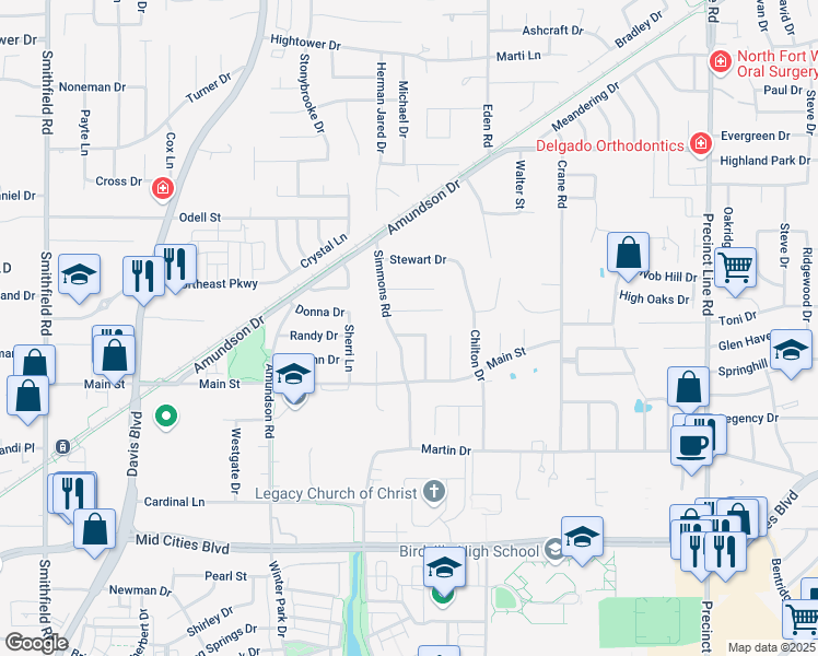 map of restaurants, bars, coffee shops, grocery stores, and more near 8700 Irongate Drive in Fort Worth