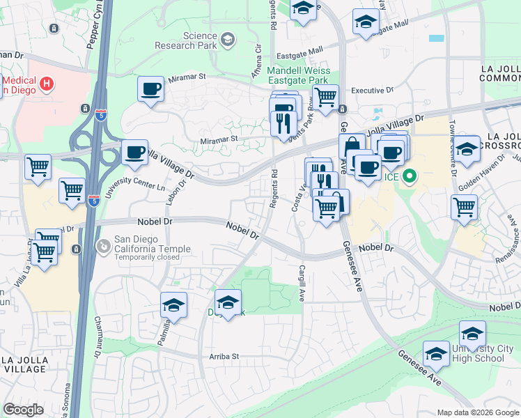 map of restaurants, bars, coffee shops, grocery stores, and more near 4084 Crystal Dawn Lane in San Diego
