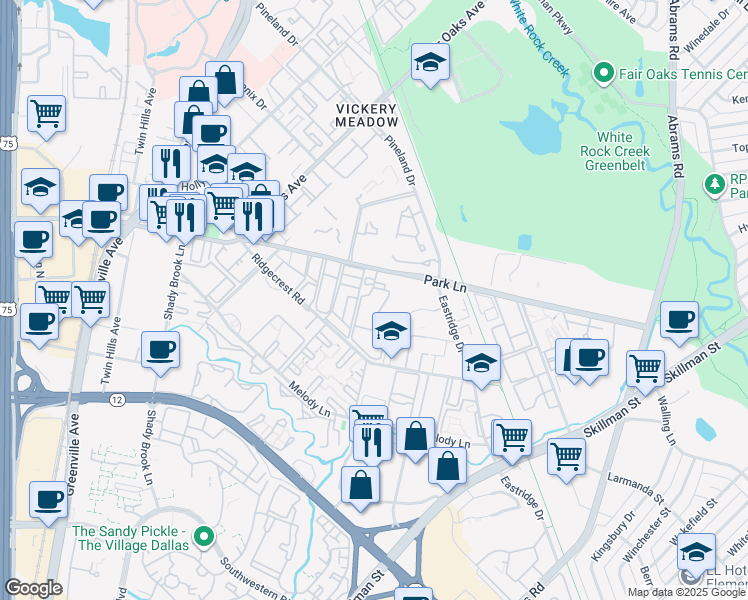 map of restaurants, bars, coffee shops, grocery stores, and more near 8620 Park Lane in Dallas