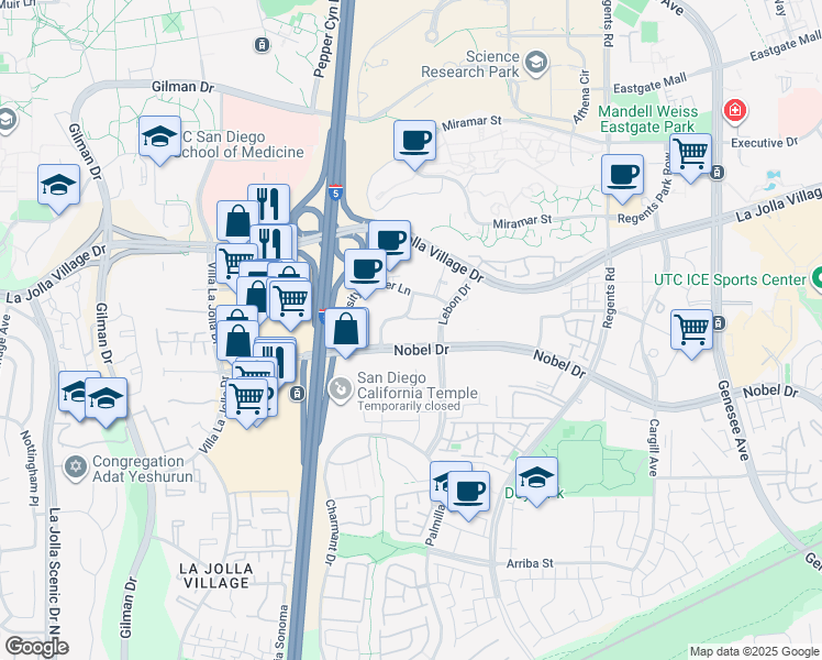 map of restaurants, bars, coffee shops, grocery stores, and more near 8929 Caminito Plaza Centro in San Diego