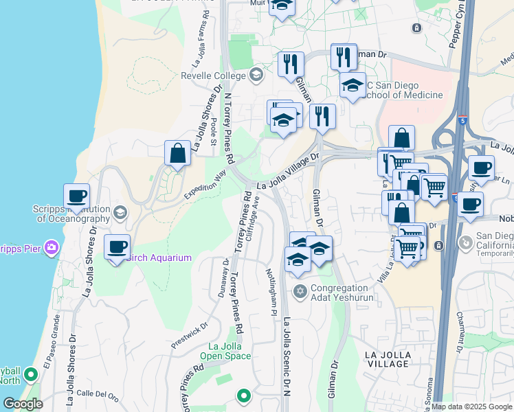 map of restaurants, bars, coffee shops, grocery stores, and more near 8975 Cliffridge Avenue in San Diego