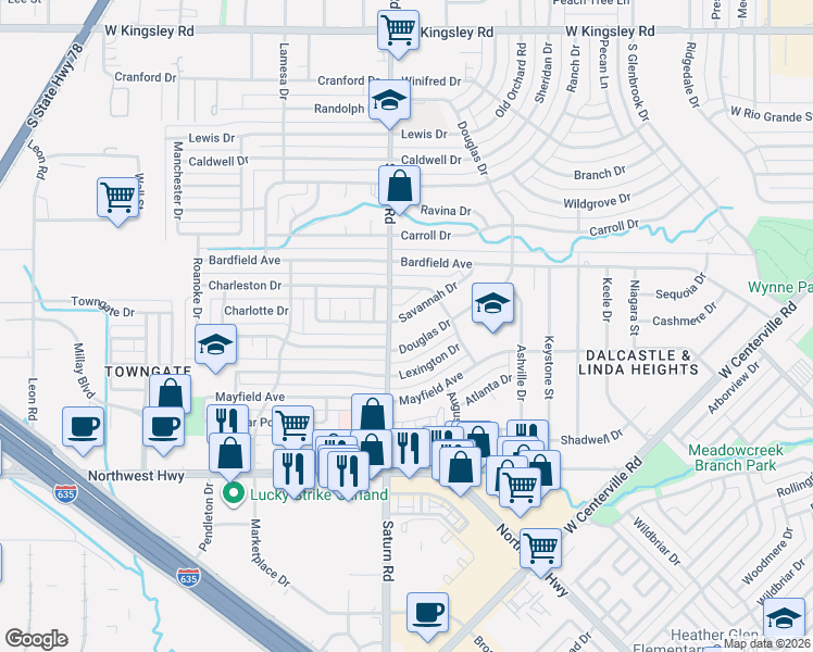 map of restaurants, bars, coffee shops, grocery stores, and more near in Garland