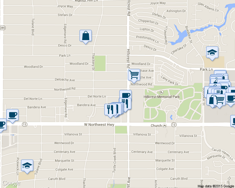 map of restaurants, bars, coffee shops, grocery stores, and more near 6822 Northwood Road in Dallas