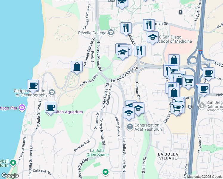 map of restaurants, bars, coffee shops, grocery stores, and more near 8975 Cliffridge Avenue in San Diego
