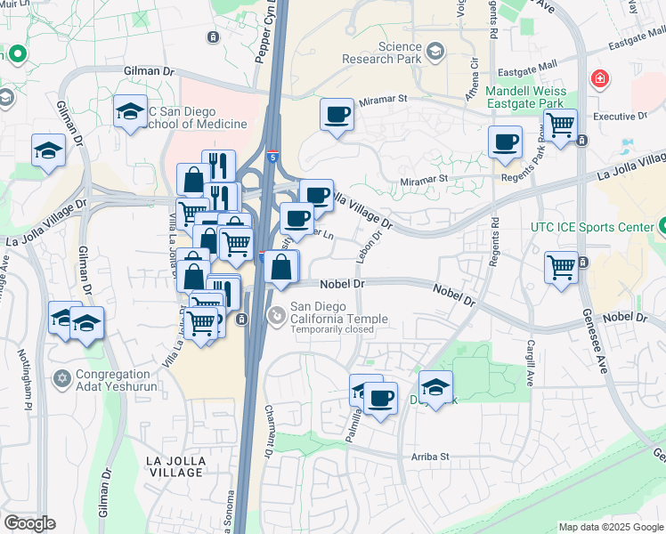 map of restaurants, bars, coffee shops, grocery stores, and more near 8929 Caminito Plaza Centro in San Diego