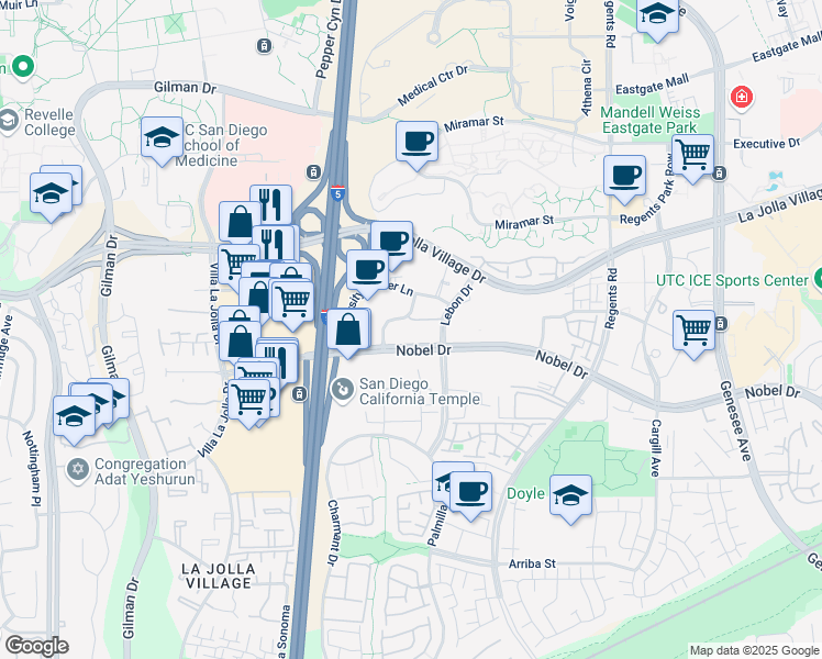 map of restaurants, bars, coffee shops, grocery stores, and more near 3550 Lebon Drive in San Diego