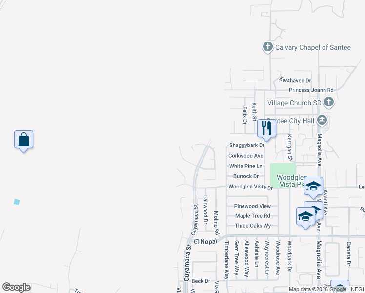 map of restaurants, bars, coffee shops, grocery stores, and more near 9893 Mollie Lane in Santee
