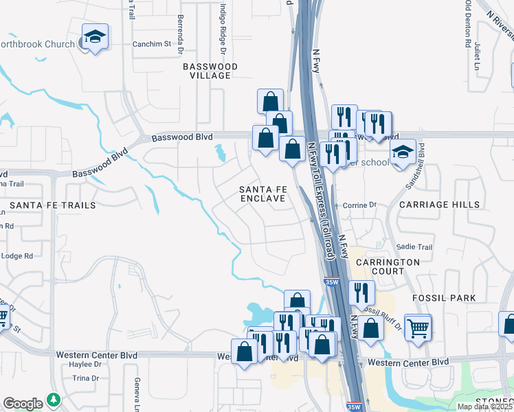 map of restaurants, bars, coffee shops, grocery stores, and more near 7149 Old Santa Fe Trail in Fort Worth