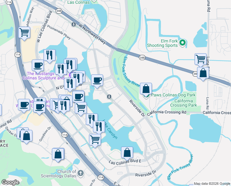 map of restaurants, bars, coffee shops, grocery stores, and more near 871 Lake Carolyn Parkway in Irving