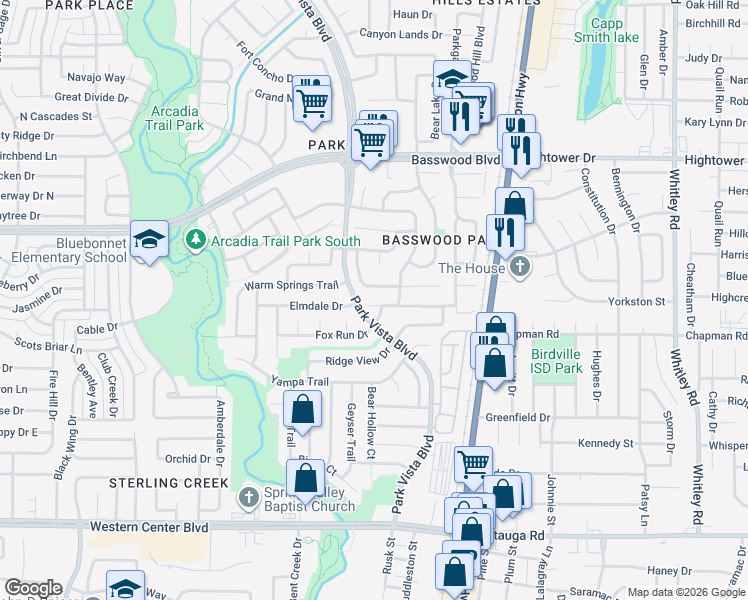 map of restaurants, bars, coffee shops, grocery stores, and more near 5513 Spring Ridge Drive in Watauga