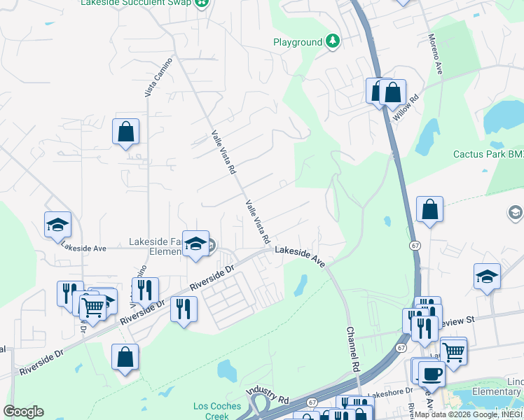 map of restaurants, bars, coffee shops, grocery stores, and more near 10505 Valle Vista Road in Lakeside