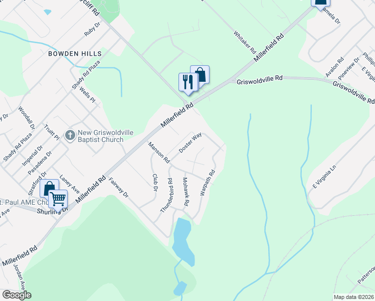 map of restaurants, bars, coffee shops, grocery stores, and more near 3473 Doster Way in Macon