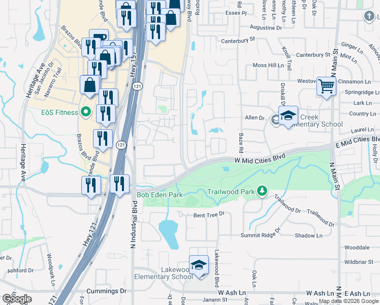 map of restaurants, bars, coffee shops, grocery stores, and more near 2213 Red Hawk Lane in Euless