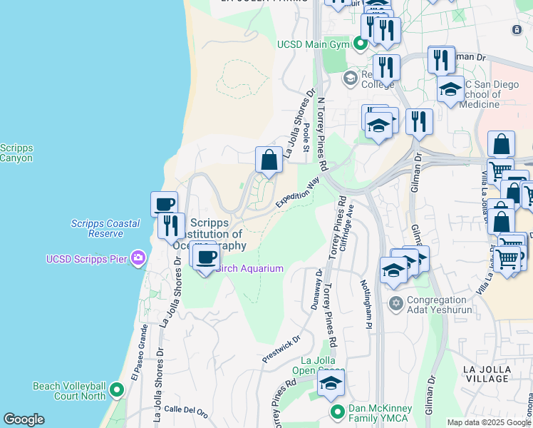 map of restaurants, bars, coffee shops, grocery stores, and more near Expedition Way in San Diego