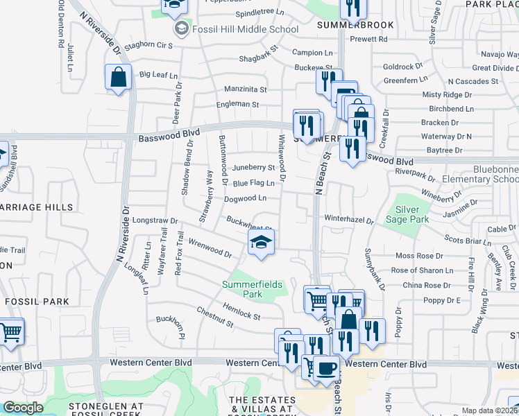 map of restaurants, bars, coffee shops, grocery stores, and more near 4112 Dogwood Lane in Fort Worth