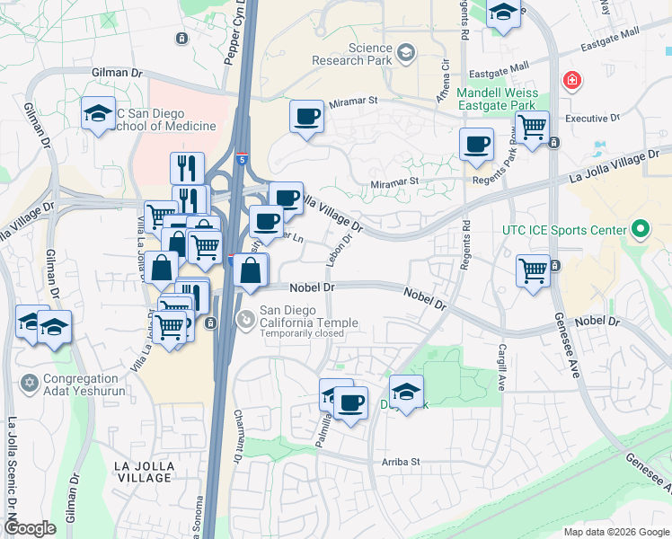 map of restaurants, bars, coffee shops, grocery stores, and more near 3535 Lebon Drive in San Diego