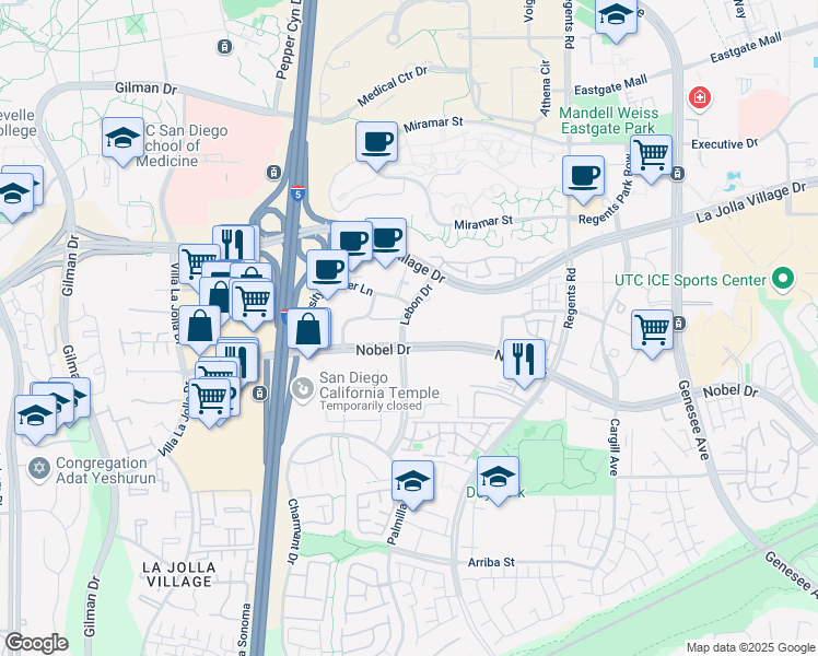 map of restaurants, bars, coffee shops, grocery stores, and more near 3550 Lebon Drive in San Diego