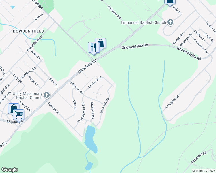 map of restaurants, bars, coffee shops, grocery stores, and more near 3567 Doster Way in Macon