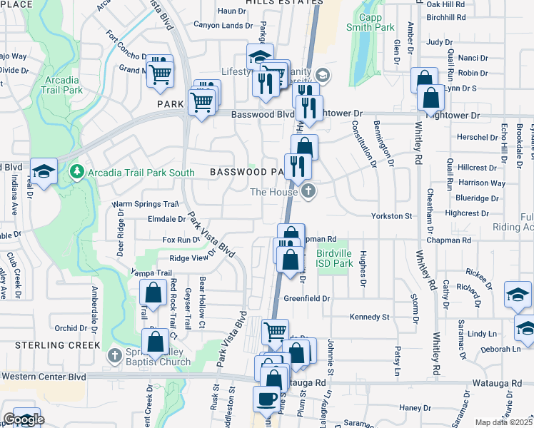 map of restaurants, bars, coffee shops, grocery stores, and more near 7040 Lindentree Lane in Fort Worth
