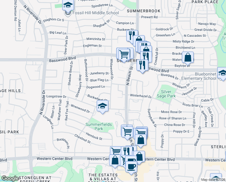 map of restaurants, bars, coffee shops, grocery stores, and more near 7116 Whitewood Drive in Fort Worth