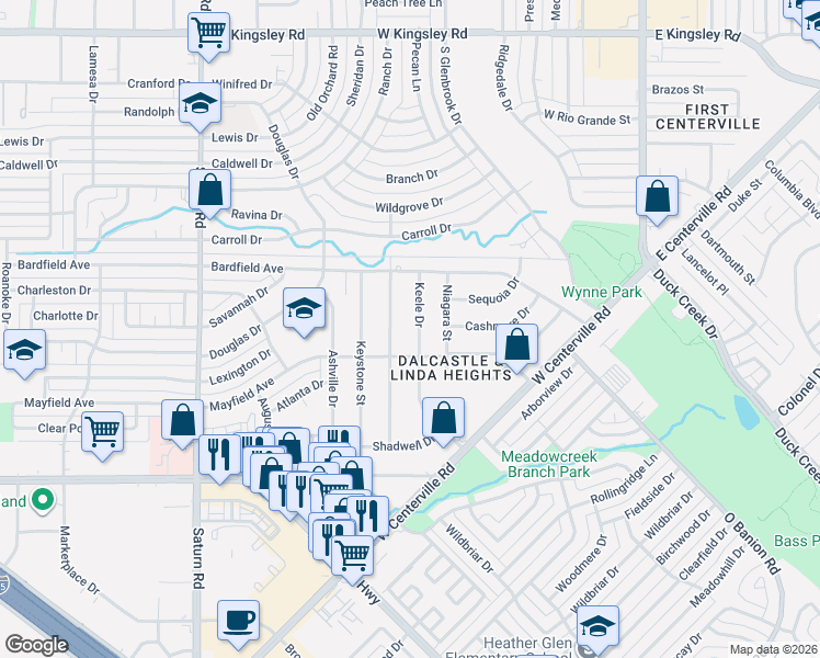 map of restaurants, bars, coffee shops, grocery stores, and more near 3918 Kazak Street in Garland
