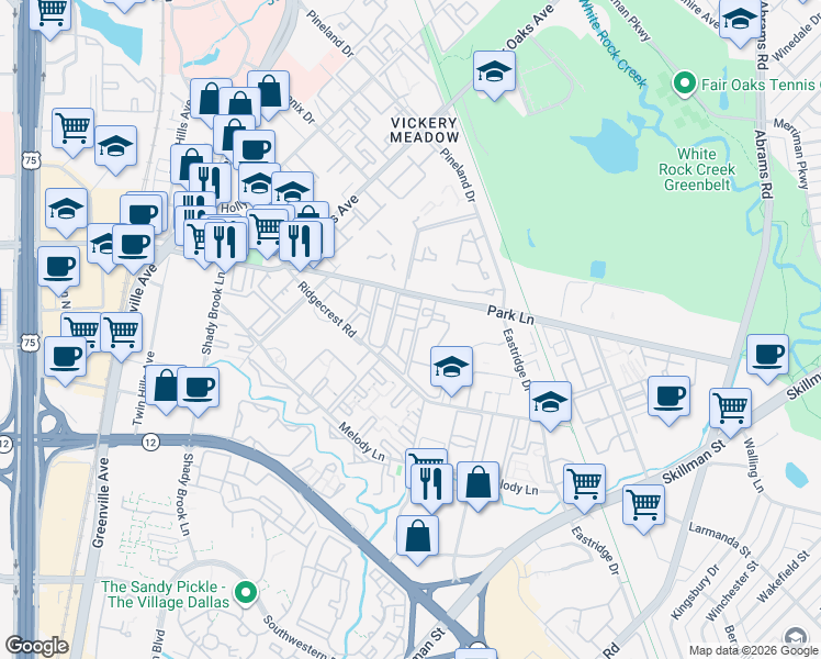 map of restaurants, bars, coffee shops, grocery stores, and more near 8560 Park Lane in Dallas