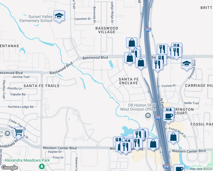 map of restaurants, bars, coffee shops, grocery stores, and more near 2601 Las Ventanas Trail in Fort Worth