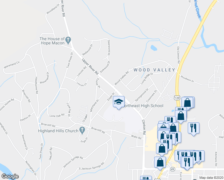 map of restaurants, bars, coffee shops, grocery stores, and more near 1720 Upper River Road in Macon