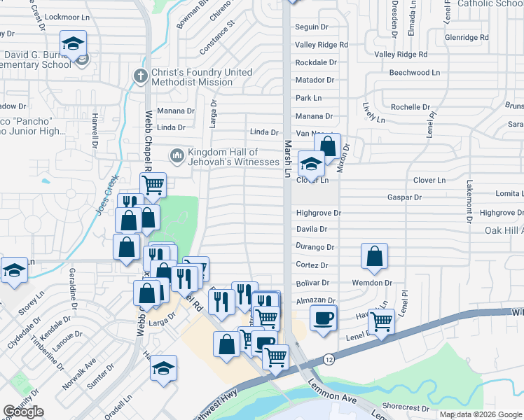 map of restaurants, bars, coffee shops, grocery stores, and more near 3619 Fontana Drive in Dallas