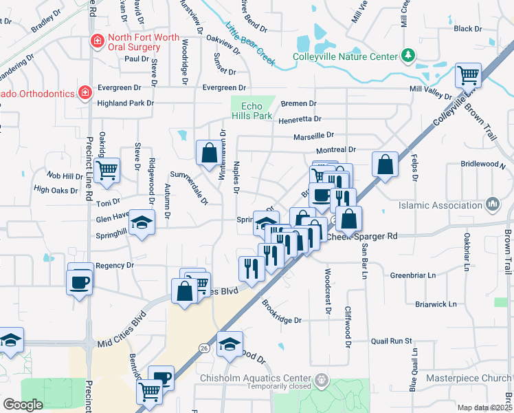 map of restaurants, bars, coffee shops, grocery stores, and more near 401 Shadow Wood Lane in Hurst