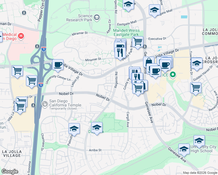 map of restaurants, bars, coffee shops, grocery stores, and more near 4024 Mahaila Avenue in San Diego