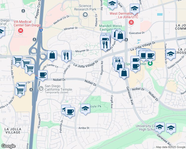 map of restaurants, bars, coffee shops, grocery stores, and more near 3905 Mahaila Avenue in San Diego