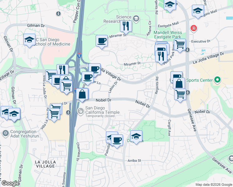 map of restaurants, bars, coffee shops, grocery stores, and more near 3880 Nobel Drive in San Diego