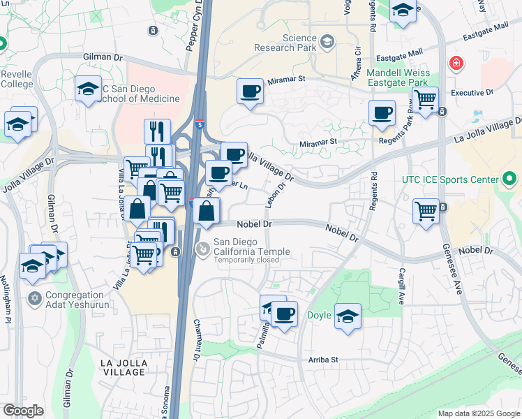 map of restaurants, bars, coffee shops, grocery stores, and more near 3550 Lebon Drive in San Diego