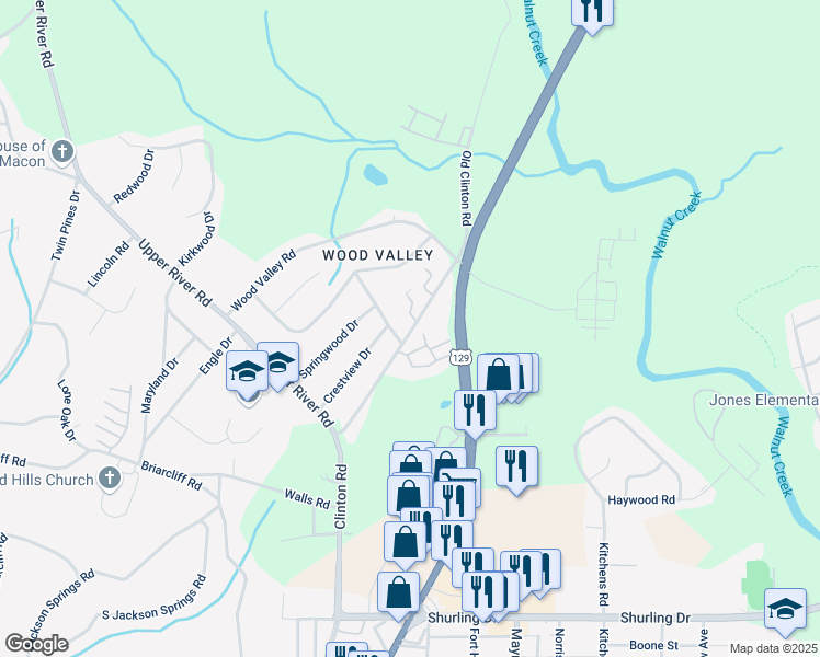 map of restaurants, bars, coffee shops, grocery stores, and more near 1958 Clinton Road in Macon