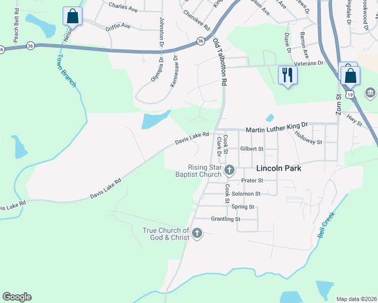 map of restaurants, bars, coffee shops, grocery stores, and more near 121 Lincoln Park Circle in Thomaston