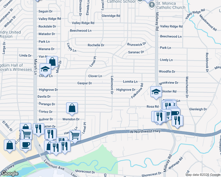map of restaurants, bars, coffee shops, grocery stores, and more near 4010 Lomita Lane in Dallas