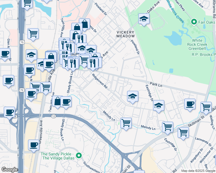 map of restaurants, bars, coffee shops, grocery stores, and more near 6055 Ridgecrest Road in Dallas