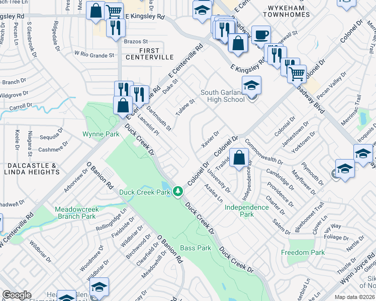 map of restaurants, bars, coffee shops, grocery stores, and more near 3615 University Drive in Garland