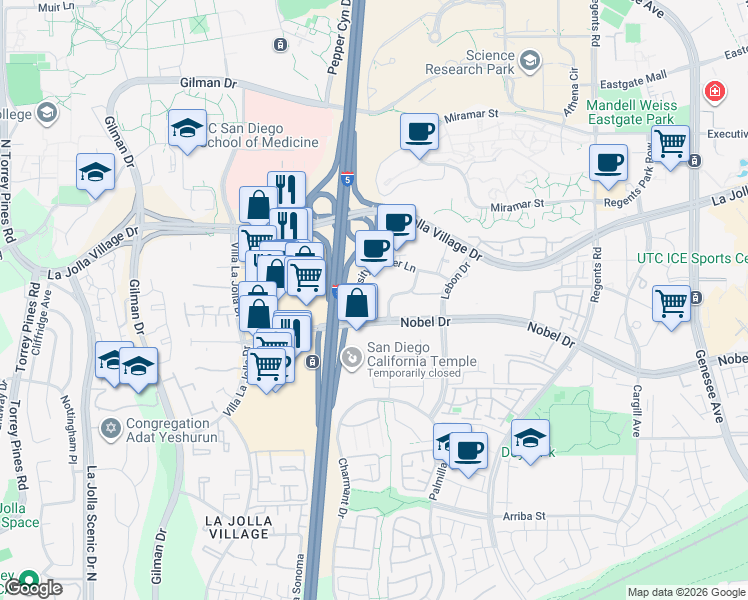 map of restaurants, bars, coffee shops, grocery stores, and more near 3636 Nobel Drive in San Diego