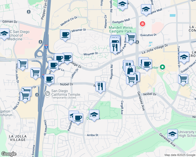 map of restaurants, bars, coffee shops, grocery stores, and more near 3905 Mahaila Avenue in San Diego