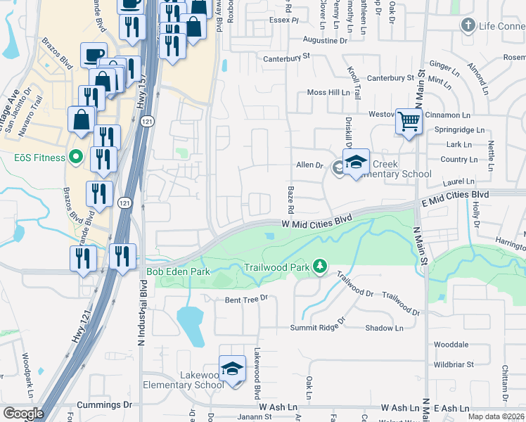 map of restaurants, bars, coffee shops, grocery stores, and more near 2206 Muskeg Lane in Euless