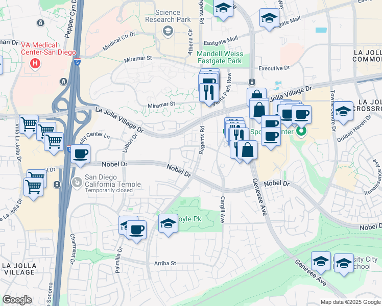 map of restaurants, bars, coffee shops, grocery stores, and more near 4044 Crystal Dawn Lane in San Diego
