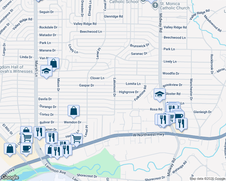 map of restaurants, bars, coffee shops, grocery stores, and more near 4010 Lomita Lane in Dallas